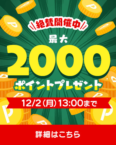 絶賛開催中 最大2000ポイントプレゼント 12/2(月)13:00まで 詳細はこちら