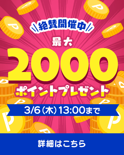 絶賛開催中 最大2000ポイントプレゼント 3/6(木)13:00まで 詳細はこちら